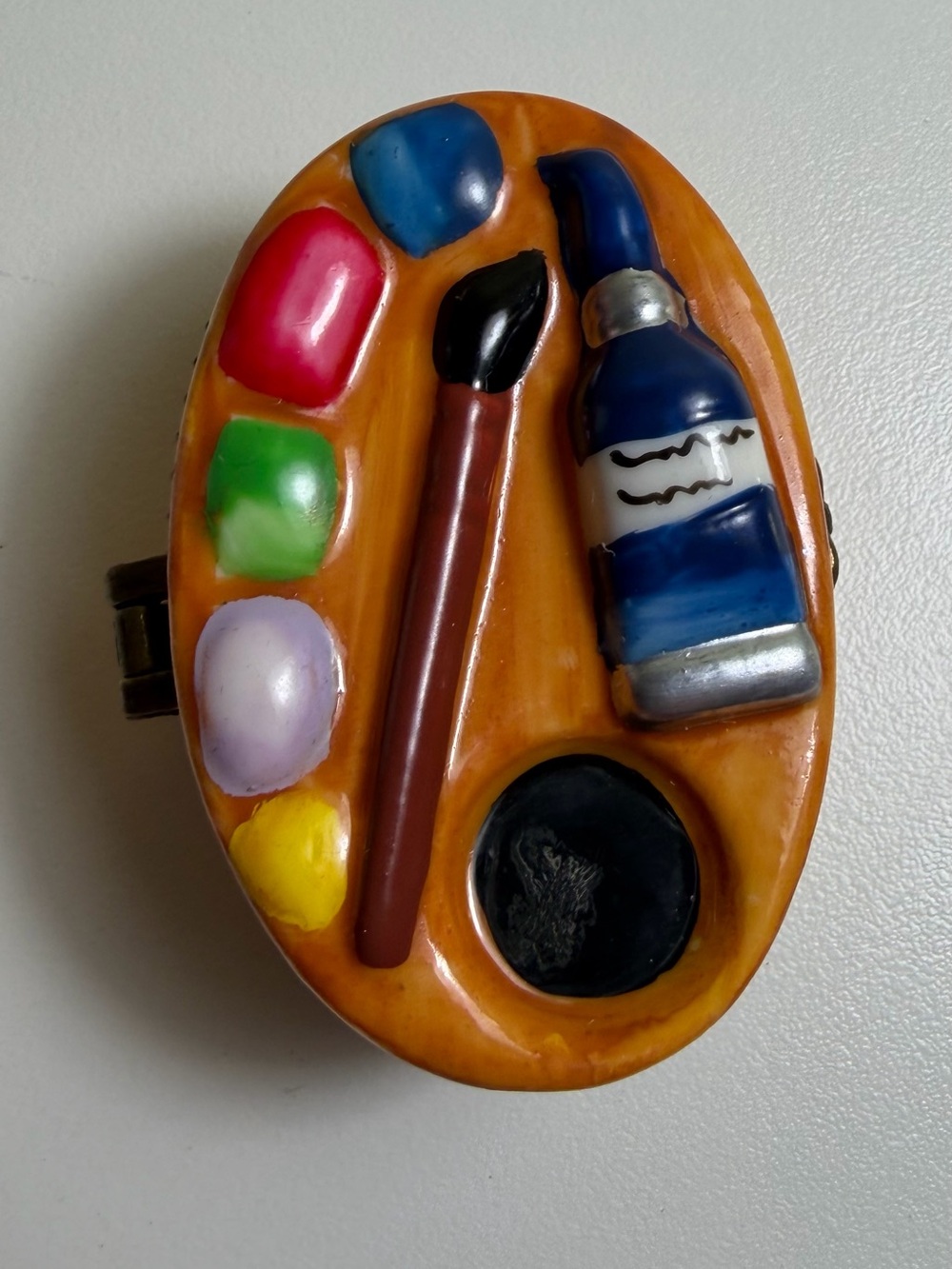 Vtg Artist Paint Palette Porcelain Hinged Trinket Box Mini Paint Tube & Brush